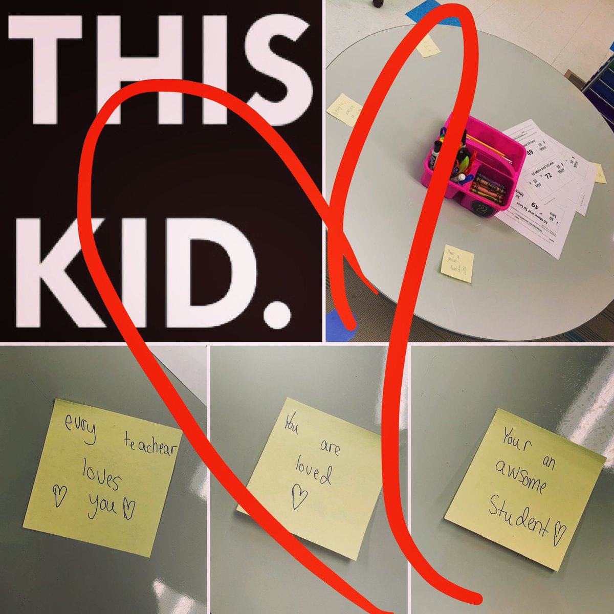 I had a meeting this morning and when I came back to the room..I see 18 of these positive and kind messages all around my students desk. I did not put them there. Nolan decided it would be a nice thing to do. #thiskid #nolanlandryc