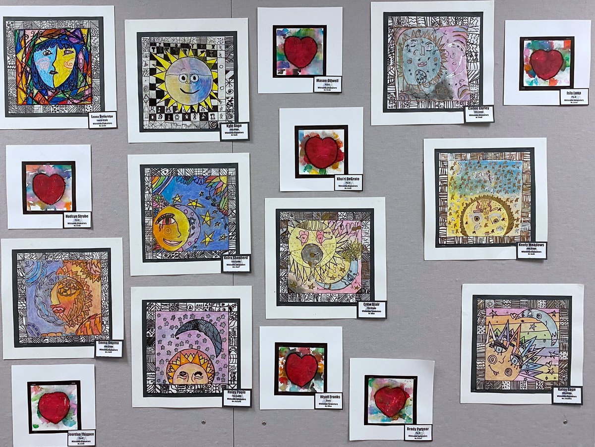 NealyHolley's tweet photo. These detailed pieces from @WhitesideElem are part of Ms. Green’s collection from this school year. Students experimented with color &amp; symbolism in their artworks. These pieces are by the Jay Gordon Room at Central Office through March 6! Excellent work! @LubbockISD @LISDFineArts https://t.co/aJiFP5nU3a