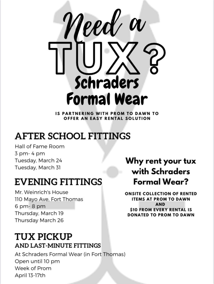 Everyone seems to ask the overwhelming question of.... What are you wearing to Prom? We have a simple solution! Rent from Schraders Formal Wear... You even can turn in your tux rental at Prom to Dawn ‼️‼️‼️

<a href="/FTSchools/">Fort Thomas Schools</a> <a href="/FTHighlandsHS/">Highlands High School</a> @FTISSuper <a href="/mcbertasso/">Matthew Bertasso</a>