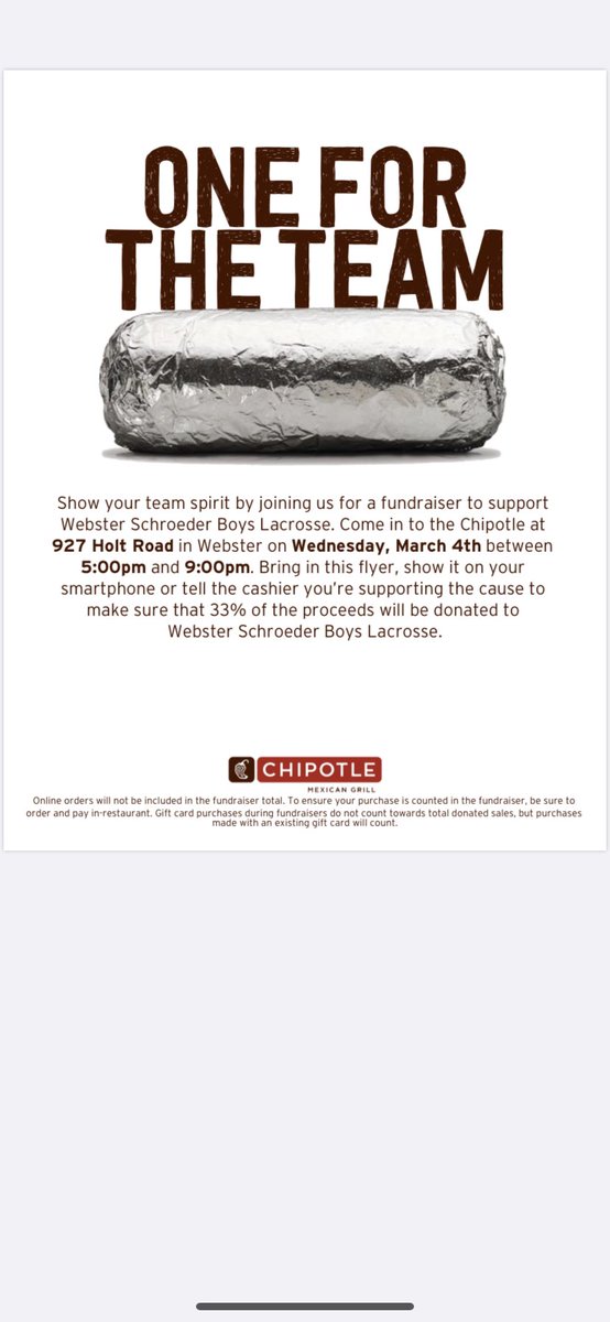 Webster_Lax's tweet photo. Support the Schroeder Boys team next Wednesday by eating some burritos. Or get a bowl. Whatever you’re into. https://t.co/QRYk9sKGtx