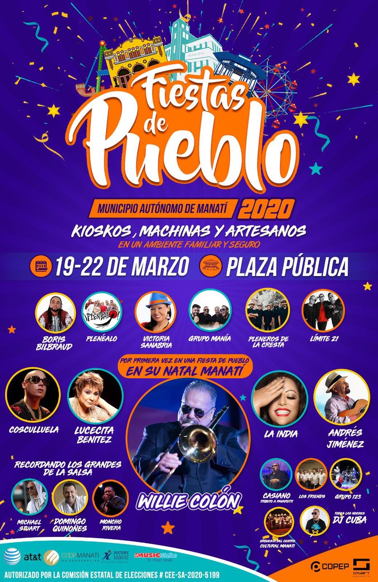 josesanchezus's tweet photo. Buenas noches. 
Por primera vez en unas fiestas de pueblo y en su natal Manatí nuestro orgullo WILLiE COLON. Ven a disfrutar en familia. @williecolon 
Gracias y bendiciones. https://t.co/dAdXWrMdV1