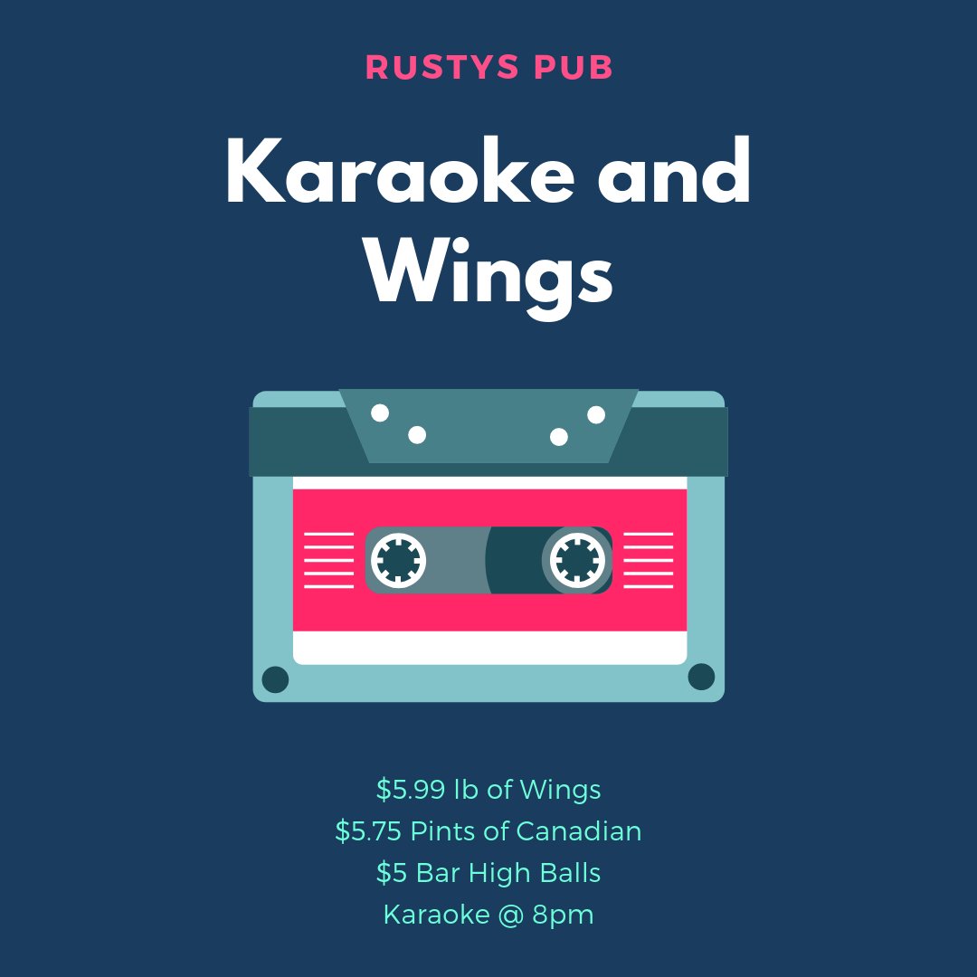 RustysPub's tweet photo. Wing and Karaoke Thursday!
$5.99lb of Wings and $5.75 Pints of Canadian. https://t.co/jskYlUZYd8