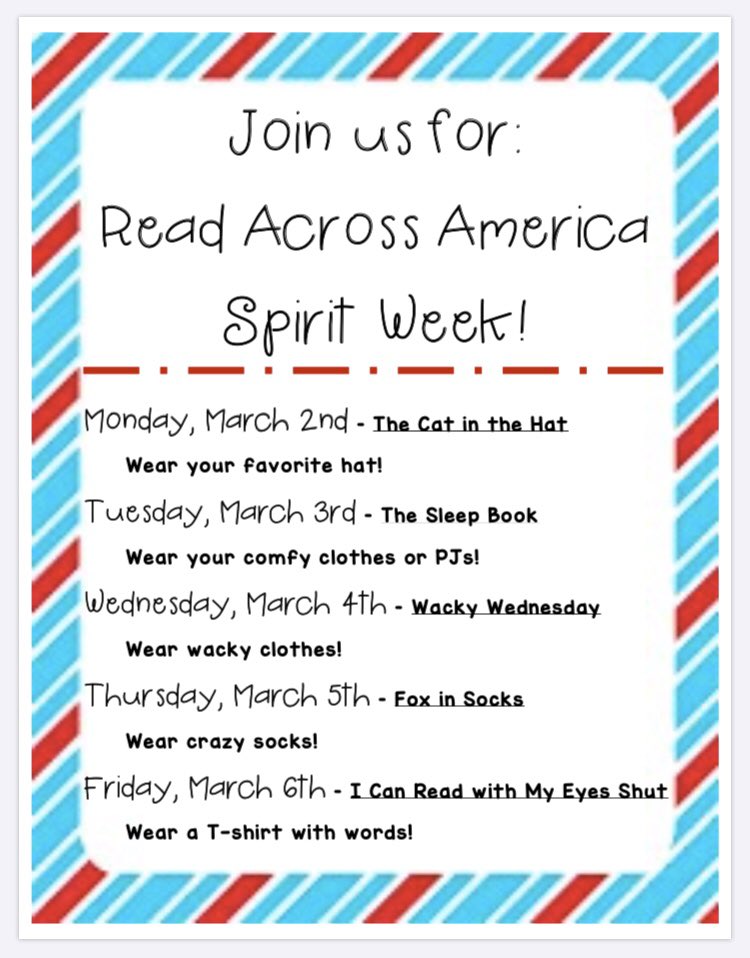 RLMsRYoder's tweet image. Join in the fun next week for Read Across America Spirit Week at MG!!!