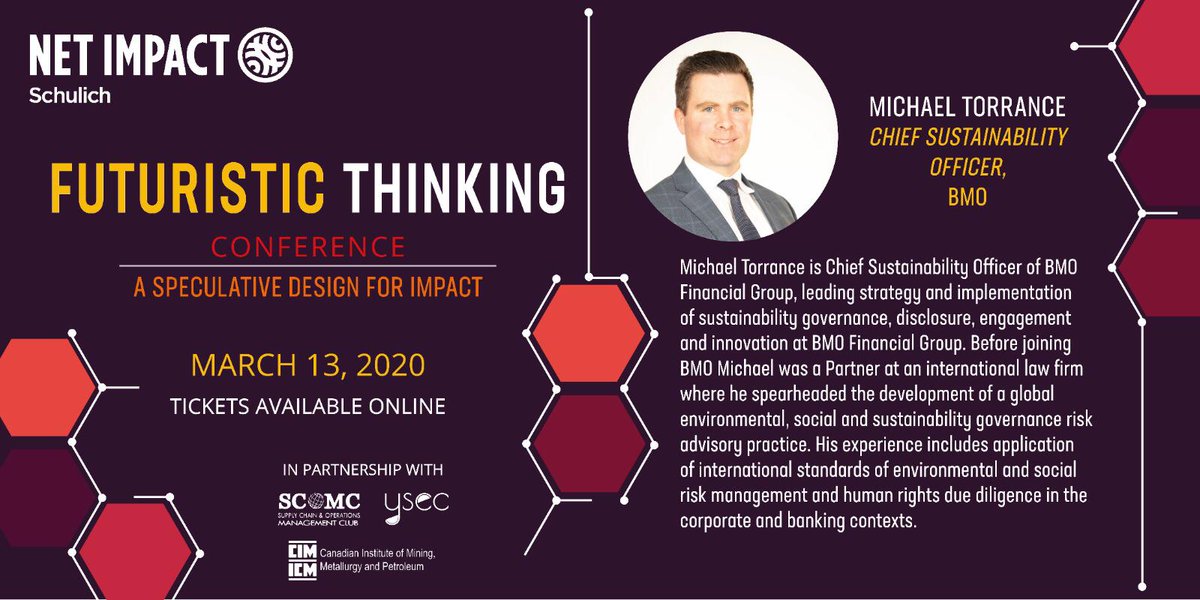 Introducing our Panelists: Connect with the who's who of Sustainable Finance in Toronto - Meet with Michael Torrance, Chief Sustainability Officer <a href="/BMO/">BMO</a>. Register for the Net Impact Futuristic Thinking Conference now eventbrite.com/e/net-impact-s…. <a href="/netimpact/">Net Impact</a> <a href="/YSEC_CA/">ysec.ca</a> <a href="/SchulichSchool/">Schulich School of Business</a>