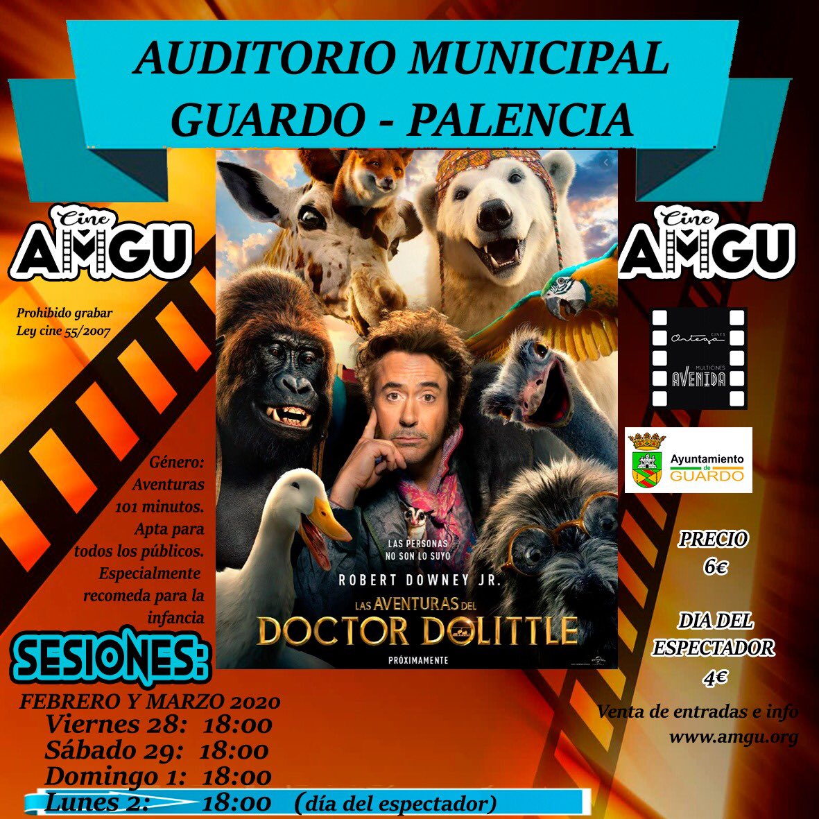 🎬 *CINES AMGu -GUARDO* _(PALENCIA)_ 🎬 🎞 
*Semana 28 febrero a 2 marzo 2020*

_AUDITORIO MUNICIPAL GUARDO._

*PROGRAMACIÓN, SESIONES y ⏰ #HORARIOS:*

_Peliculas:_ *DOCTOR DOLITTLE y LA SUITE NUPCIAL*