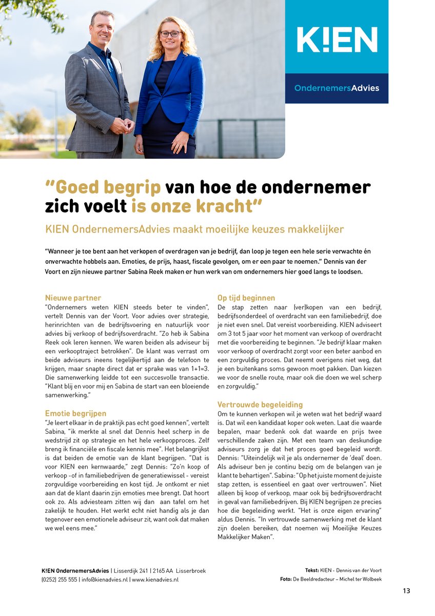 Een mooi, interessant artikel van Kien in de nieuwste editie van InfoRegio. Over de kracht van het bedrijf en hoe zij kunnen helpen wanneer je toe bent aan het verkopen of overdragen van je bedrijf. Zeker het lezen waard.
#bedrijfsopvolging #ondernemers #zakelijkmagazine