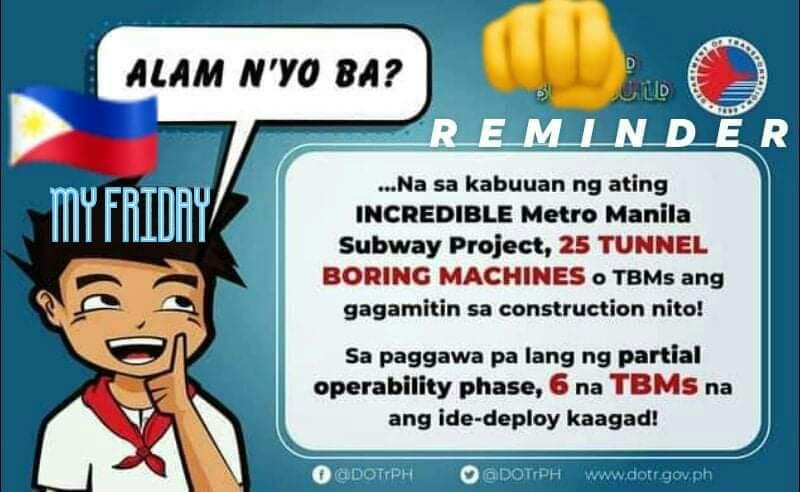 efrenmd's tweet photo. #MyFeb2020Post
R E M I N D E R
ALAM N'YO BA?
... Na pagdating sa actual construction ng tinaguriang PROJECT OF THE CENTURY na METRO MANILA SUBWAY, 25 TUNNEL BORING MACHINES (TBMs) ang gagamitin!
#DOTrPHπ΅π
BUONG DETALYE DITO:
Click Link to read more
https://t.co/gmflYmdDhX https://t.co/8896CYeVLg