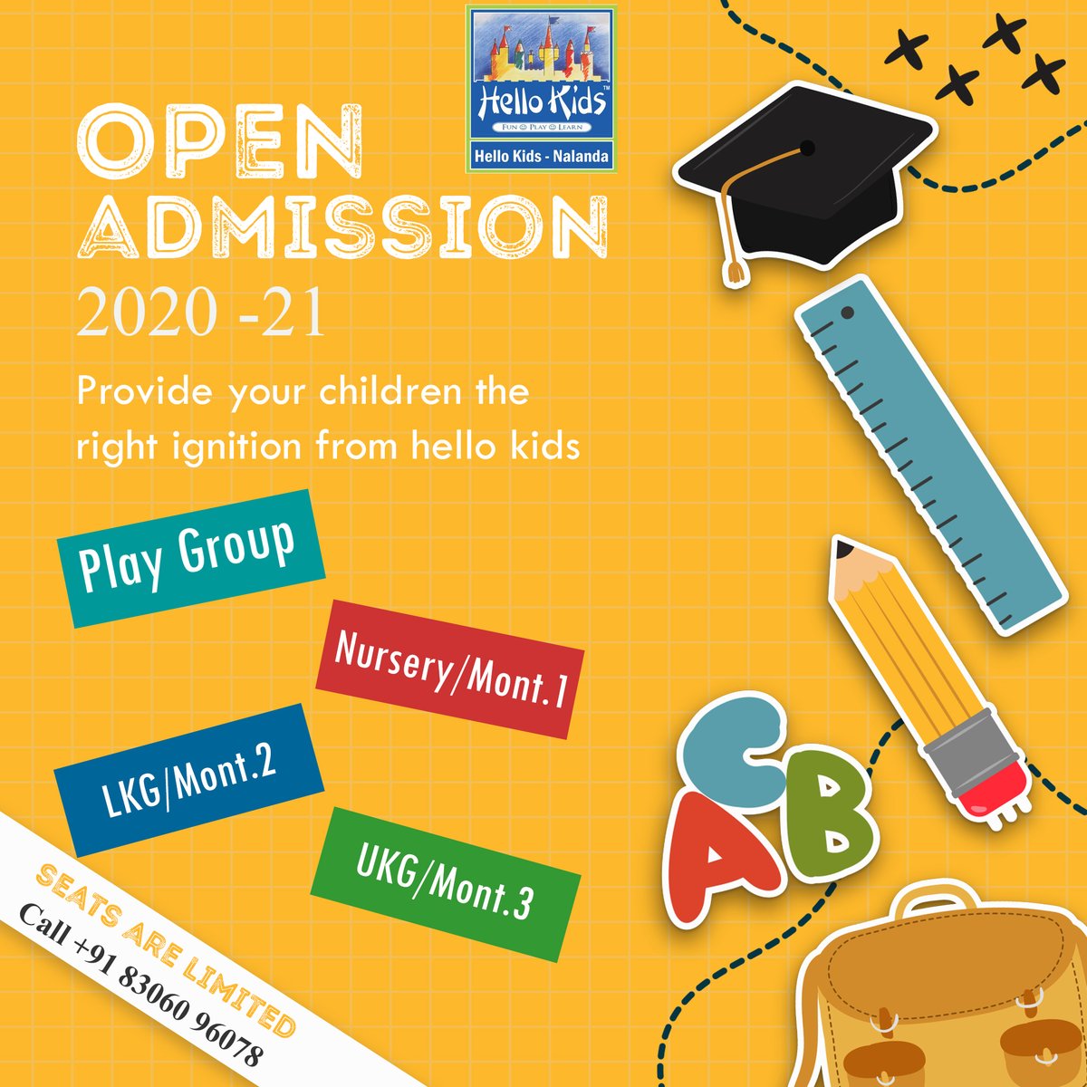 Admission Open 2020 - 21

#HelloKidsnalanda #PreSchool #ahmedabad #gujarat #Playschool #EarlyChildhood #School #Kids #India #PlayHome #Kindergarten #PlayGroup #Nursery #LKG #UKG #Montessori #AdmissionOpen2020-21

Contact: +91 83060 96078, 99244 41370