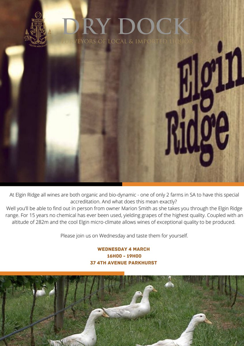 Jozi, we're heading your way for #WineWednesday next week!

Elgin Ridge owner Marion Smith will be at <a href="/drydockliquor/">Dry Dock Liquor</a> on 4 March to introduce you to our #organic &amp; #biodynamic wines.

We hope to see you at the tasting - please book your spot on sales@drydockliquor.co.za