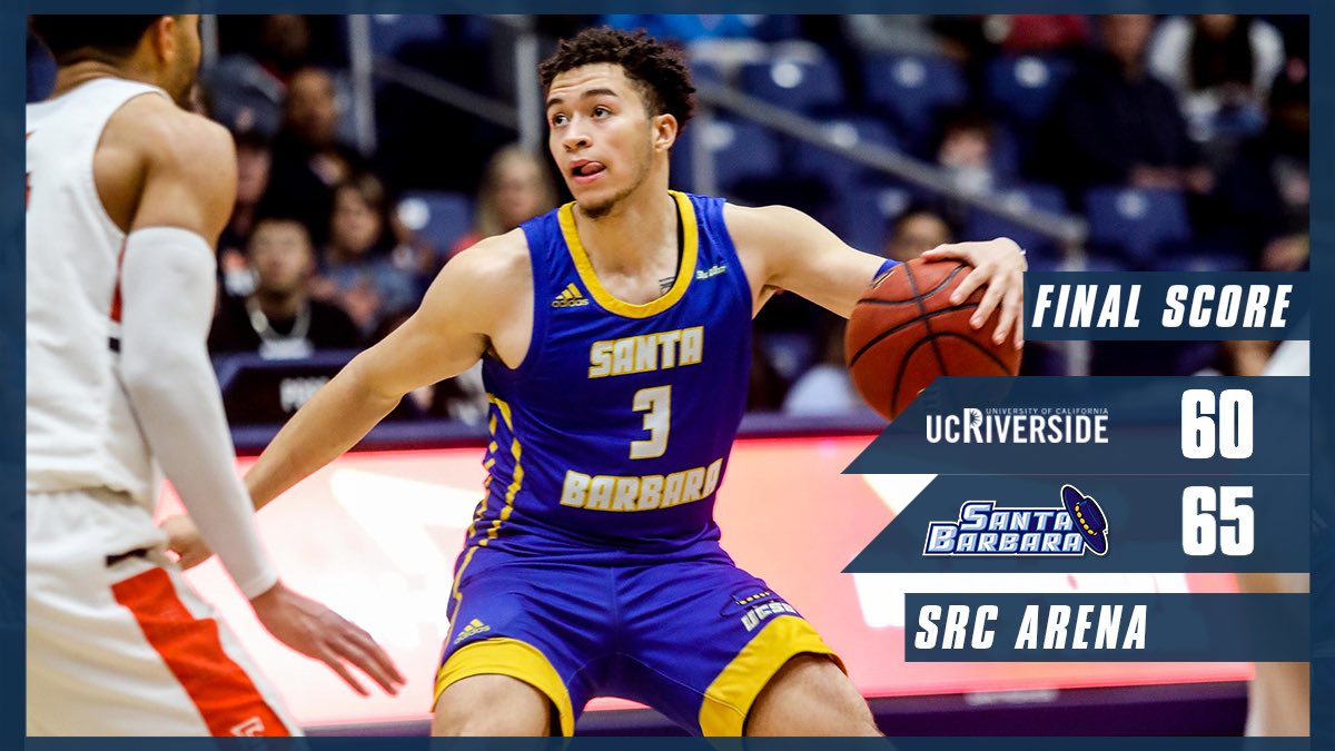 FINAL

UC Santa Barbara: 65
UC Riverside: 60

<a href="/Jroc__3/">JaQuori McLaughlin</a> 22 PTS 4 ASTS
Devearl Ramsey 14 PTS 2 REBS
<a href="/BrandonCyrus4/">Brandon Cyrus</a> 7 PTS 10 REBS
<a href="/mattyfreeman5/">Matthew Freeman</a> 8 PTS 2 REBS

#GoGauchos | #WeAreSantaBarbara