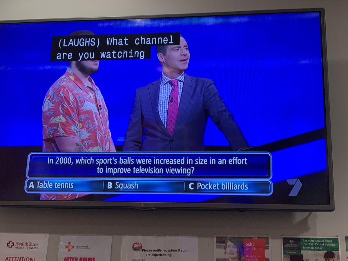 Confronted by The Chaser at the doctor’s clinic and, as amusing as this question was, the real cheer was that he actually answered C!
#pocketbilliards