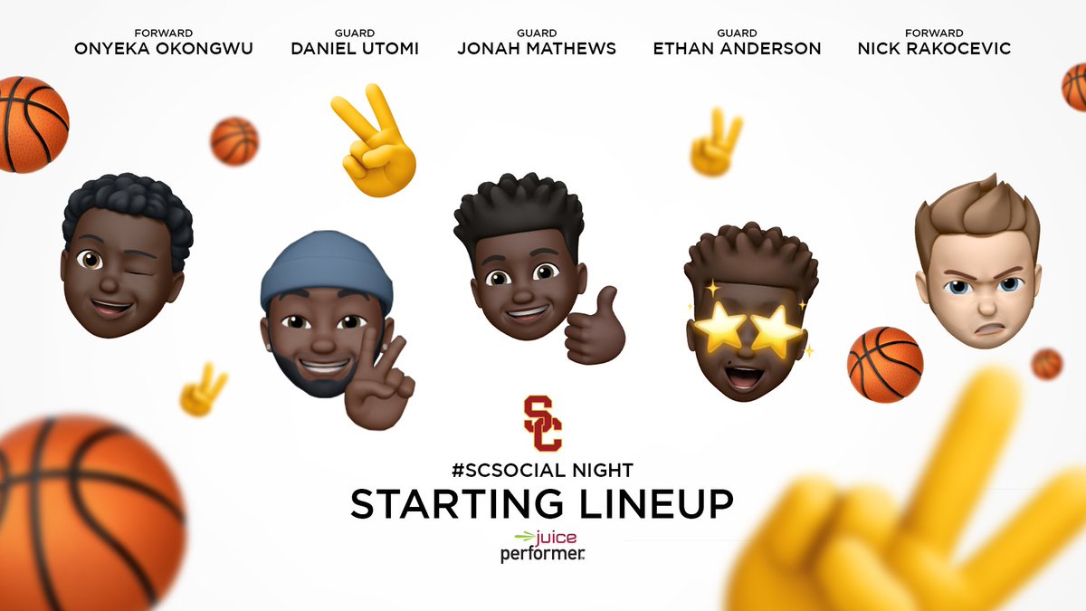 USC_Hoops's tweet photo. Your @JuicePerformer starting lineup for #SCSocial Night against Arizona:
G @jonah_mathews4
G @KINFOLKDAN
G @Nolomit_e
F @BigO21_
F @nick_rakocevic1 https://t.co/zK0BCEGUeQ