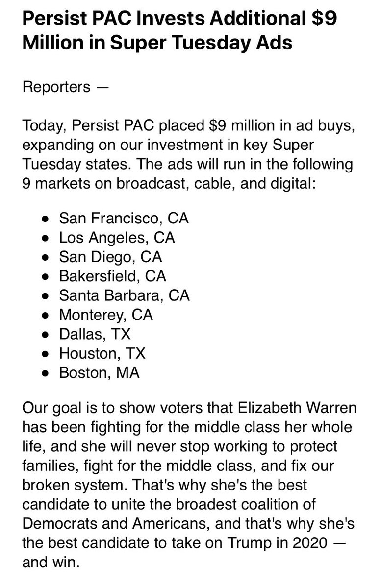 AlexThomp's tweet photo. New: Warren super pac announces and additional $9 million in ad spending in Super Tuesday states alone in top of the 3 million it already spent, likely making it the biggest dark $$$ group on Super Tuesday. 
Warren has declined to disavow the group. 
Also her Earlier this month. https://t.co/7vHrIDxyUj