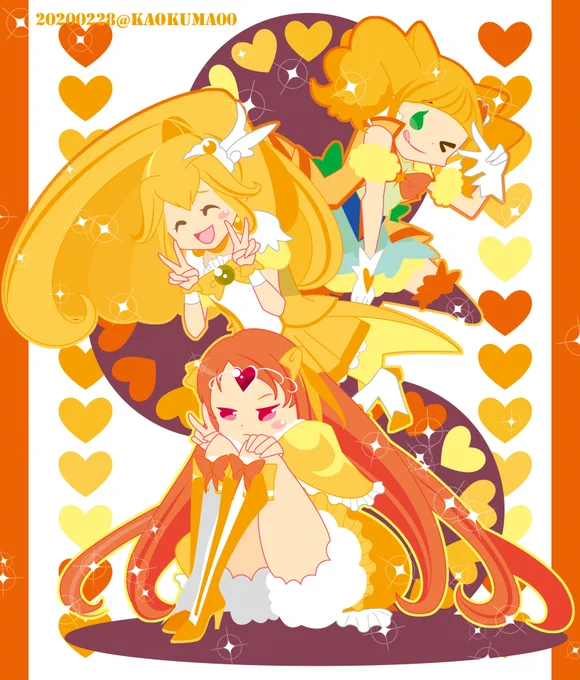 昨夜のお題から、ミューズ、ピース、スパークル
黄色3人💛💛💛
 #プリキュア版深夜の真剣お絵描き60分一本勝負 