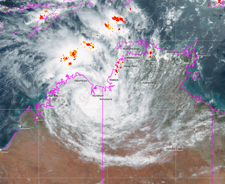 BOM_WA's tweet photo. Latest info on remnants of Ex Tropical #CycloneEsther. Heavy rainfall has already been recorded in the #Kimberley with 170mm to 9am at #Kununurra being the highest total. Flood watches are current for Kimberley and Fitzroy rivers. Latest warning info here; https://t.co/LZgrYxjGXi https://t.co/XTj5Yzir5u