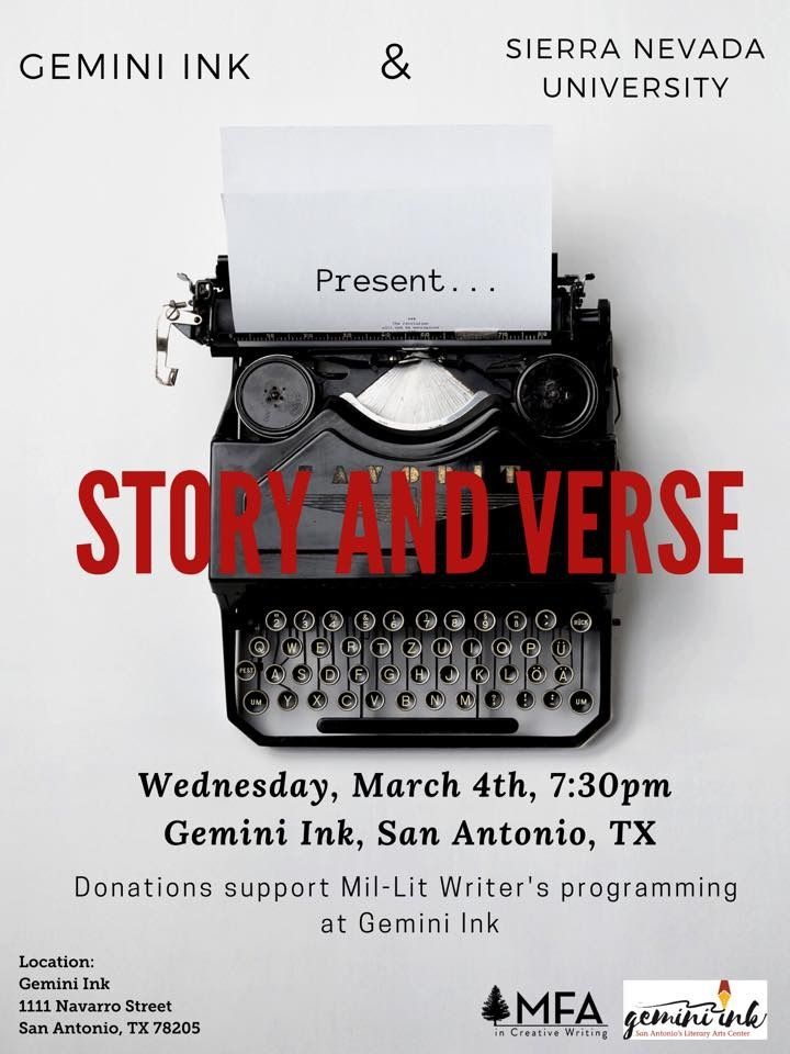 GeminiInk's tweet photo. We hope to see you at Story & Verse 3/4 at 7:30 PM #AWP20 #MilLit #Writers https://t.co/2GCgrCrS6p