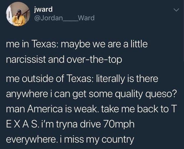 TexasHumor's tweet photo. My exact train of thought whenever I travel abroad to places like the Midwest. https://t.co/9P1Xmu8niL