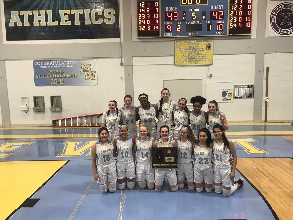 mwwarriors's tweet photo. 🏀 Final from the IHSA SECTIONAL CHAMPIONSHIP hosted in Des Plaines:  Maine West 43 Evanston 42 in OT!  Coach Kim DeMarigny &amp; this Senior Class win a 4th consecutive Sectional Title! Go Warriors!  @Maine_West #207now https://t.co/rV2OCYDc8c