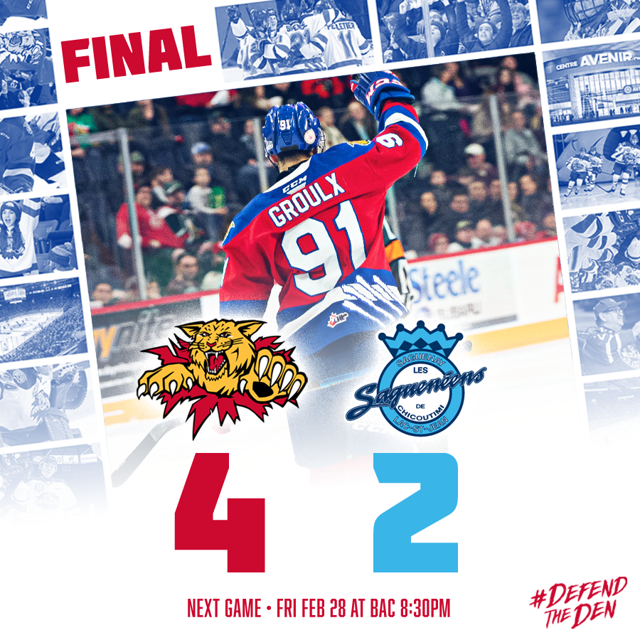 monctonwildcats's tweet photo. Big win in Chicoutimi! Rodrigue with 27 saves to earn the win. Pelletier, Groulx &amp; Spence with 2 points each (1G, 1A). L'Heureux added the insurance marker with 5min left. Going for 14 tomorrow night vs the Drakkar!
#DefendTheDen https://t.co/LKBWWzAPyD