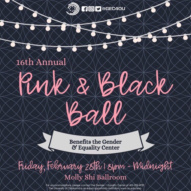 OU2023's tweet image. Join the GEC Friday at 8 pm for a night of dancing, food and fun at the Pink and Black Ball! This semi-formal event is open to students, faculty, staff and the greater Norman community. Everyone is encouraged to wear pink or black, or a combination of both colors! Follow @gec4ou