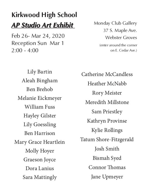 Be sure to check out the artwork of <a href="/KirkwoodHS/">Kirkwood High School</a> <a href="/kwoodschools/">Kirkwood School Dist</a> AP Visual Art Students at the Monday Club in Webster Groves now through March 24. OPENING RECEPTION IS THIS SUNDAY MAR 1,  2-4pm. #APArt #ArtEmpowersStudents #KHS_Artists