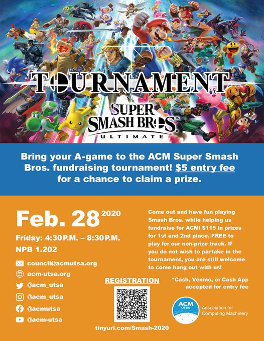 acmutsa's tweet photo. It's that time again! Our Smash tournament is back! Come out and enjoy a game night with friends both old and new with ACM! Hope to see you there this Friday! (5 dollar admission) Feb 28 4:30 - 8:30pm in the NPB 1.202
https://t.co/cH4YxDSRv1 https://t.co/wiw4IOqFvl