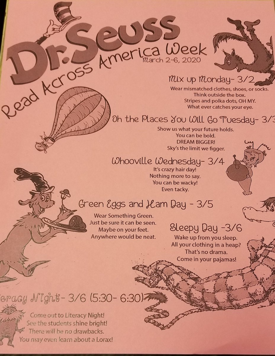HFirsties's tweet image. Next week is Read Across America Week! Here is a schedule for our fun activities for the week!  @HcesG