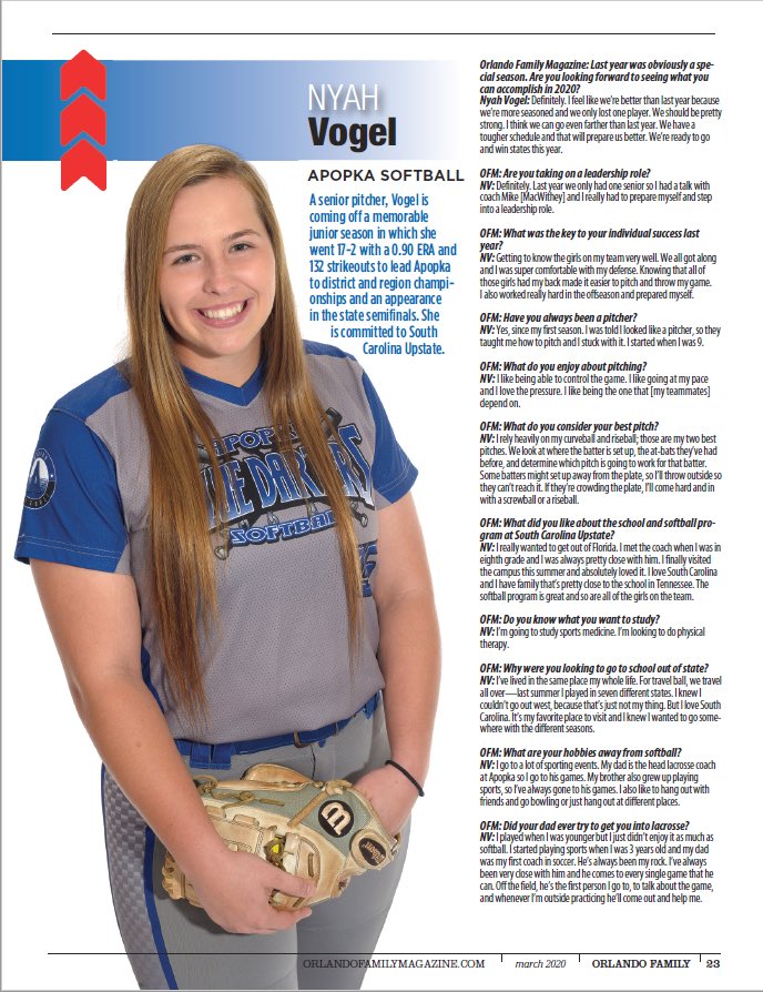 Congratulations to Nyah Vogel featured athlete in Orlando Family Magazine.