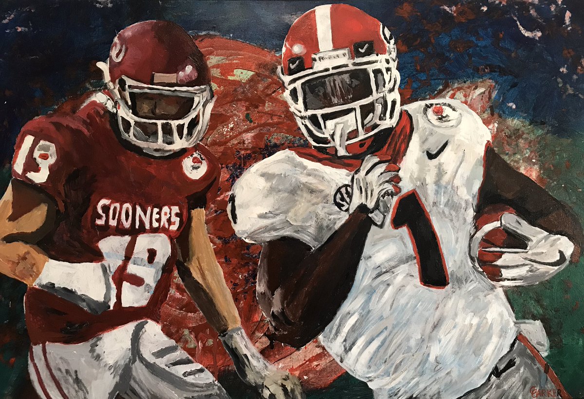 cbarkeratl's tweet photo. Almost missed it today. #RBUSeries day 4. A couple of paintings of @Flyguy2stackz from the Rose Bowl- one from earlier this year and one I was trying to finish today. Thanks for all of the prayers, they seem to be working for me. I feel great and I’ve gotten rest. #GoDawgs #HBTFD https://t.co/wiA6GKTkyl