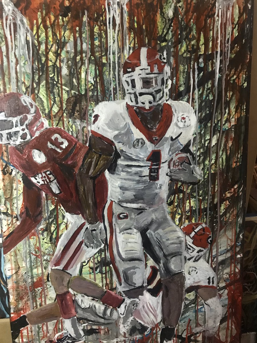 cbarkeratl's tweet photo. Almost missed it today. #RBUSeries day 4. A couple of paintings of @Flyguy2stackz from the Rose Bowl- one from earlier this year and one I was trying to finish today. Thanks for all of the prayers, they seem to be working for me. I feel great and I’ve gotten rest. #GoDawgs #HBTFD https://t.co/wiA6GKTkyl