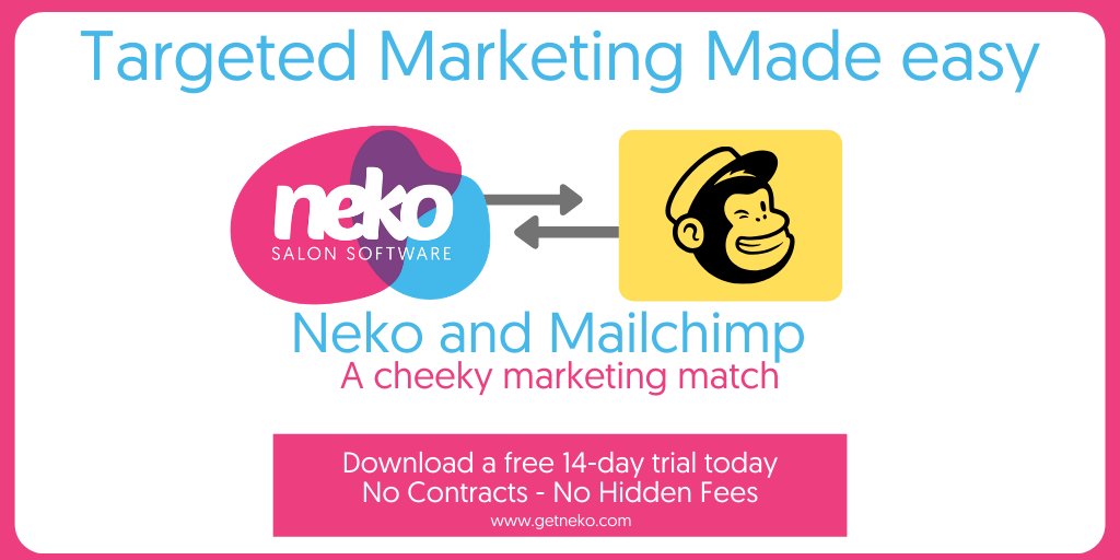 getnekosoftware's tweet image. You&apos;ll go bananas when you see how easy it is to target your ideal clients with Neko and Mailchimp. 
#mailchimp #emailmarketing #nekosalonsoftware #salon  #salons #hairsalon #hairstylist #marketingstrategies #salonmarketing #salonsoftware #salonowners