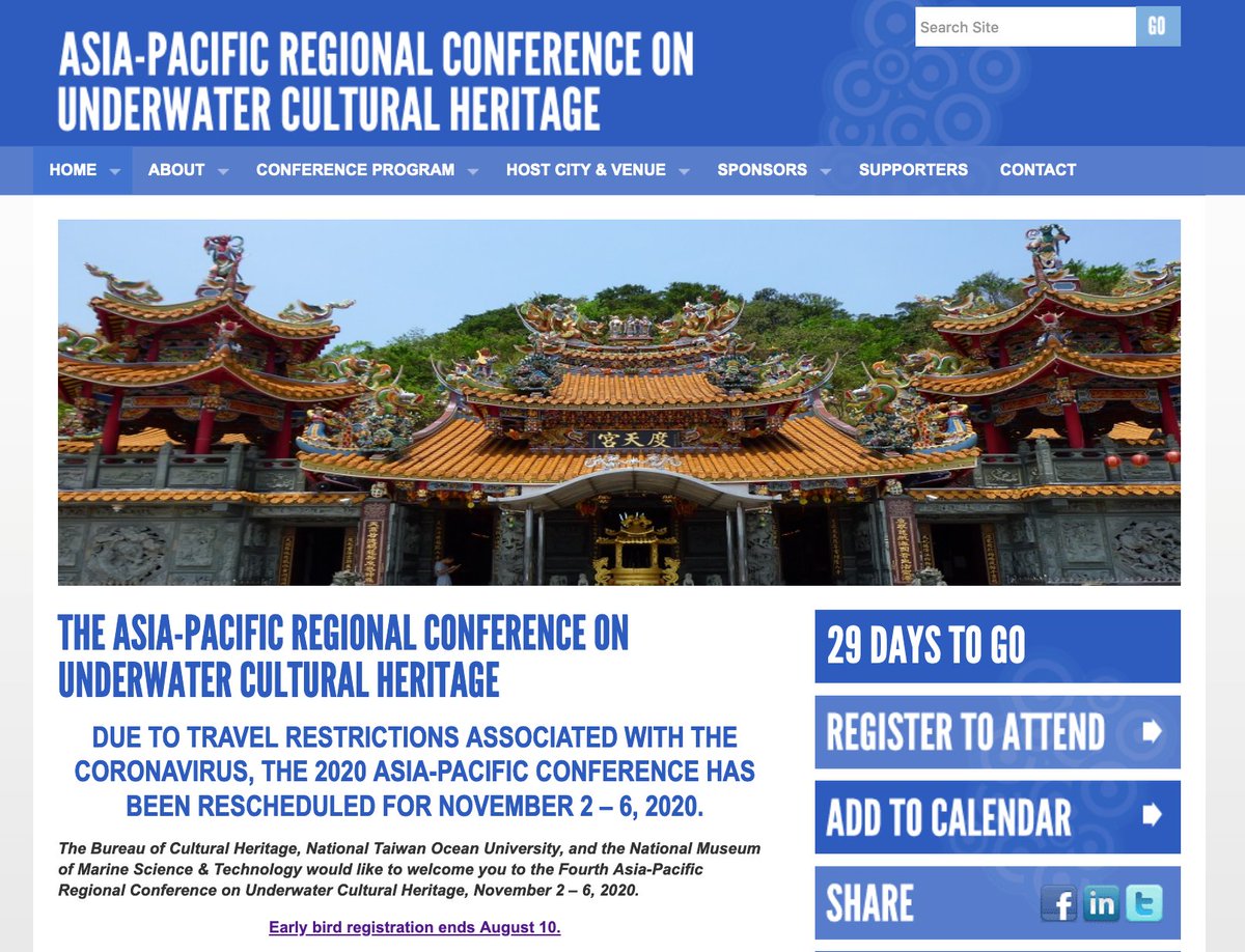 SarahWardAU's tweet photo. #ICYMI #APCONF2020 - 4th Asia Pacific Conference on #UnderwaterHeritage - has been delayed until November due to the #COVID19 outbreak. I'm Co-Convening 2 sessions so please come join us! 🦠😷🇹🇼
https://t.co/Sq0WfwWF7y
#maritime #archaeology #conferences #Taiwan #China https://t.co/lJx6GVH1gW