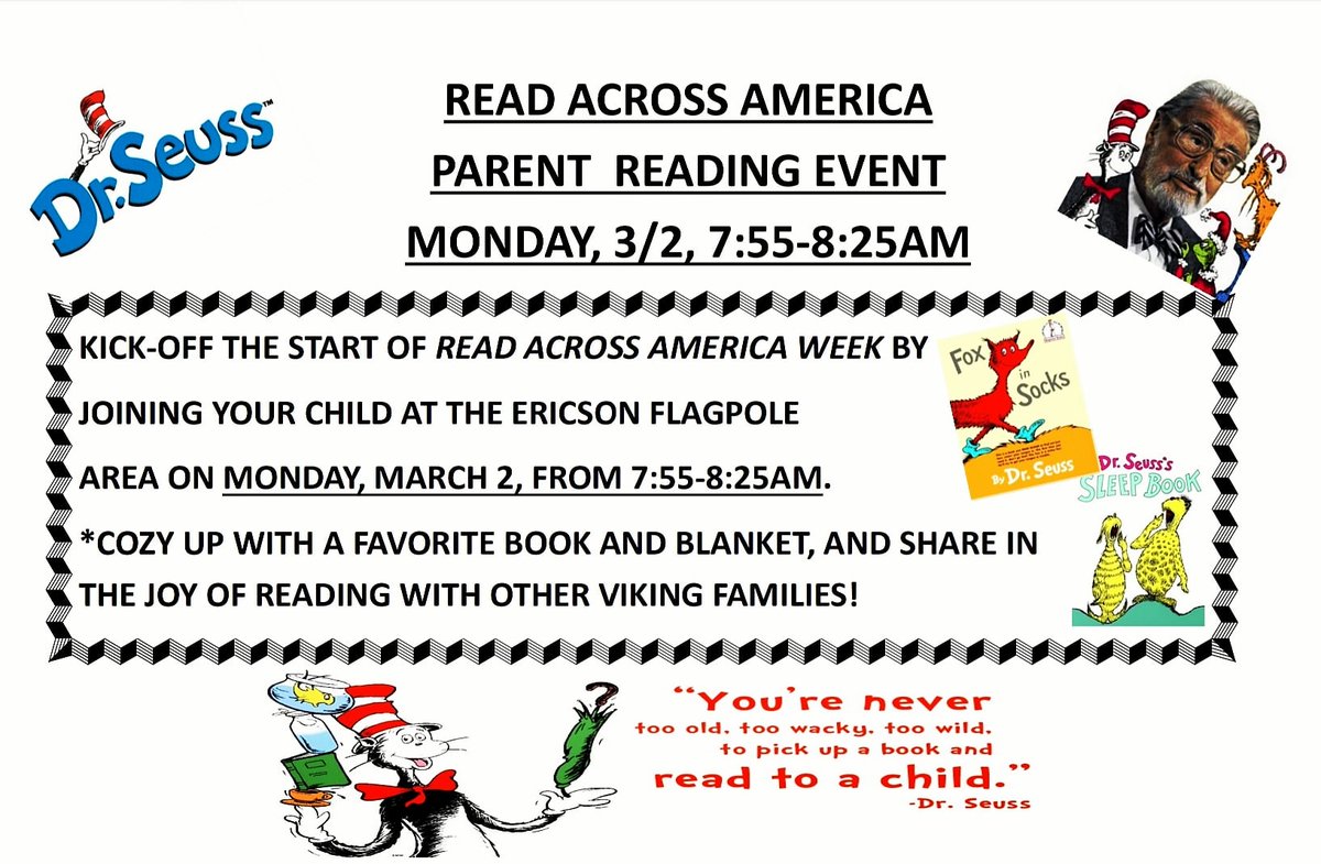 What's the best way to kick-off Read Across America week? Our annual Family Reading Morning @ the Ericson flagpole! Join us Mon, 3/2, 7:55-8:25am, as we celebrate the joy of reading! Families are encouraged to bring a favorite book &amp; blanket to cozy up &amp; read a story! 
#BetterSD
