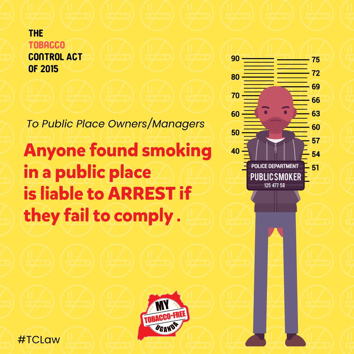 TobaccoCtrlUg's tweet photo. Hey #Weekenders, be cautious and ensure follow the Tobacco Control Law.
Anyone found smoking in a pubic place is liable to arrest in case of failure to comply.
#Weekending
#TCLaw
#TobaccoCtrl
#TobaccoCtrlUG
cc
@bobwaynewonder @uhca_ug @TobaccoFreeKids @BelindaMosesSA @RTBAGUMA https://t.co/hjcAft2Gte