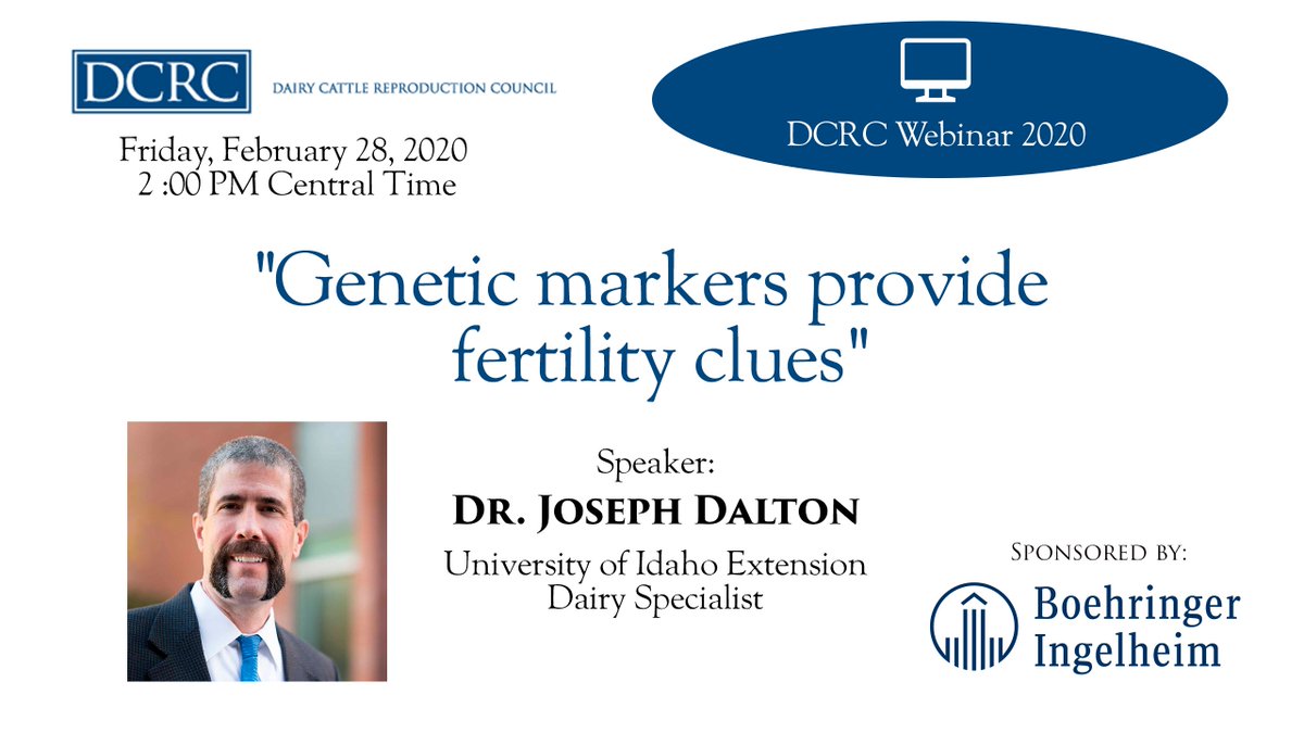 Dairy Repro Council (@dcrcouncil) on Twitter photo Today is our first webinar of 2020! Hear from Dr. Joseph Dalton, University of Idaho Extension Dairy Specialist, as he speaks about genetic markers that provide fertility clues. It's not too late to join us at 2:00 PM. qoo.ly/34mi5w Thanks, <a href="/Boehringer/">Boehringer Ingelheim</a>, for sponsoring. Today is our first webinar of 2020! Hear from Dr. Joseph Dalton, University of Idaho Extension Dairy Specialist, as he speaks about genetic markers that provide fertility clues. It's not too late to join us at 2:00 PM. qoo.ly/34mi5w Thanks, <a href="/Boehringer/">Boehringer Ingelheim</a>, for sponsoring.