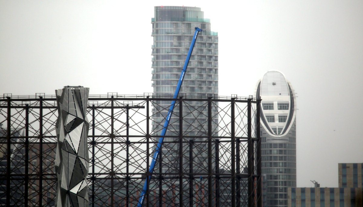 Part of the top of the peninsular's gasometer is missing now as it is gradually being taken down.  More of our industrial heritage and local character going forever. #Greenwich #gasometer #heritage