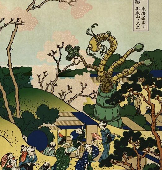 春といえばイスの大いなる種族!→邪神三十六景『木に紛れ人の文化を観察する異邦の生物』異国より海を渡ってたどり着いた不思議な生物。好奇心旺盛な彼は木に擬態して花見をする人々を観察する。「なぜ彼らはこの植物を見てはしゃぐのだろう?」彼の疑問は尽きない。 