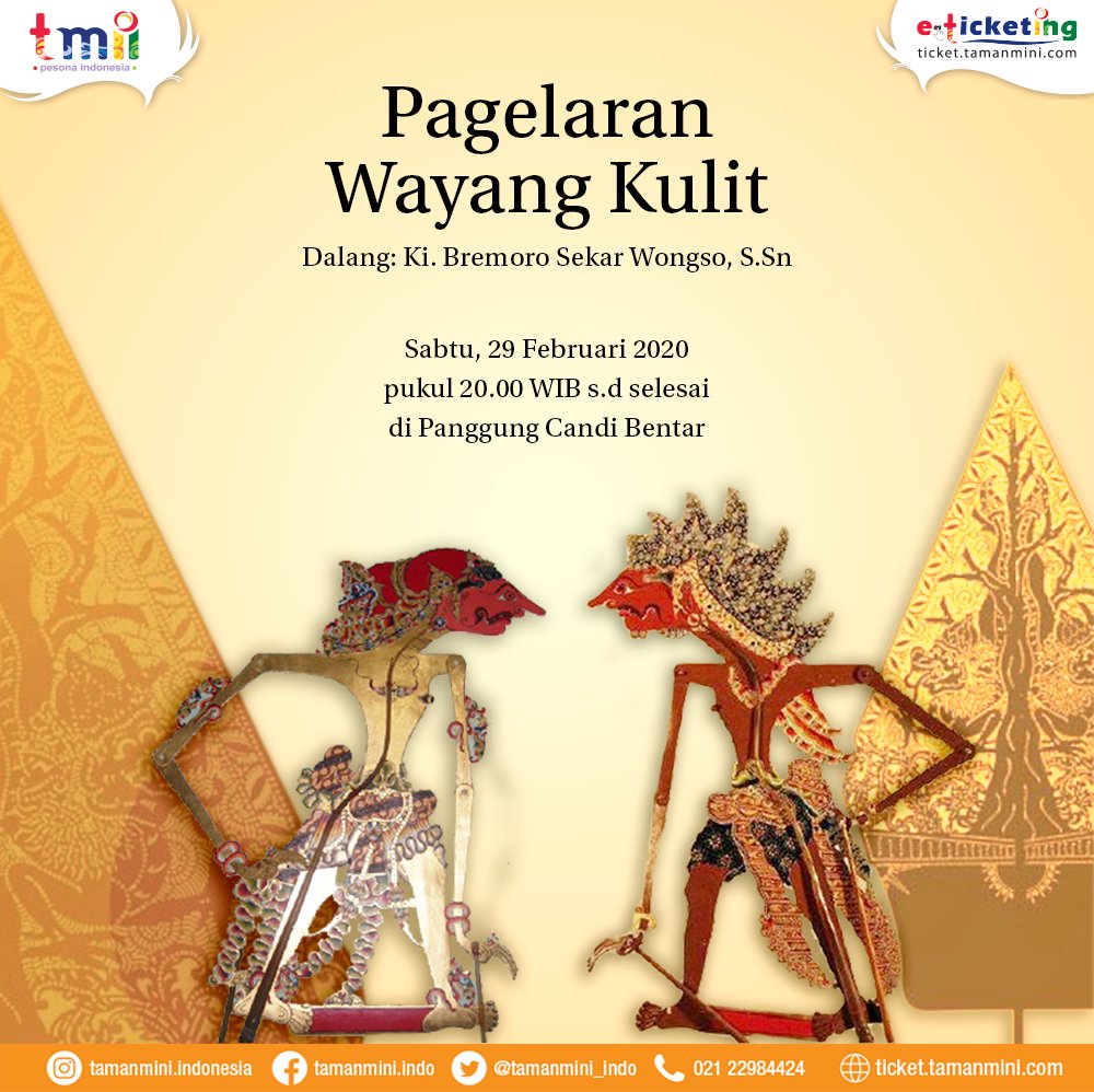 tamanmini_indo's tweet photo. //
Pergelaran Wayang Kulit bersama Dalang Ki Bremoro Sekar Wongso,https://t.co/LY5UPujUhu
.
Sabtu 29 Februari 2020 Pukul 20.00 WIB -Selesai
Digelar di Panggung Candi Bentar Taman Mini Indonesia Indah.
.
#Wayangkulit #Acarabudaya #Budaya #Indonesia #wayang #pagelaranwayang https://t.co/0mRkF2WkwP