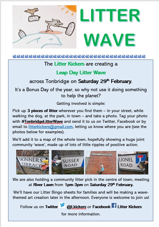 LKickers's tweet photo. Tomorrow's our #LeapDay #LitterWave in #Tonbridge. The weather looks ok &amp; we're going quickly check in the morning for good areas to target as our fabulous #LitterHeroes head out across town. It'll be hard to resist picking it up! 

Can't wait to see the wave fill up the map🌊 https://t.co/lRN61oEFVb