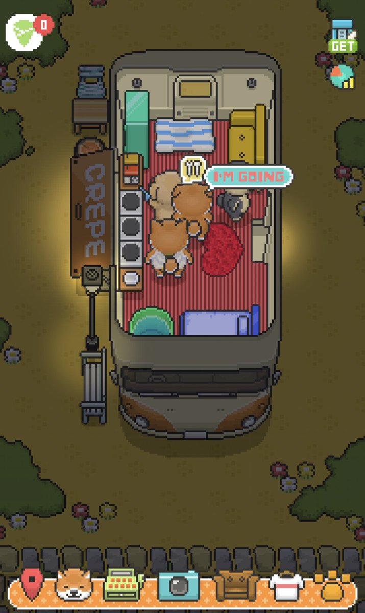 reasons why you should play foodtruck pup 🤩
- perfect combination of cute cooking x farming x adorable home kinda game !!
- not high-maintenance AT ALL
- adorbs pixel art 🥺
- your character is a dog (mine is a shiba inu) who owns a food truck that sells strawberry crepes ??? 🍓