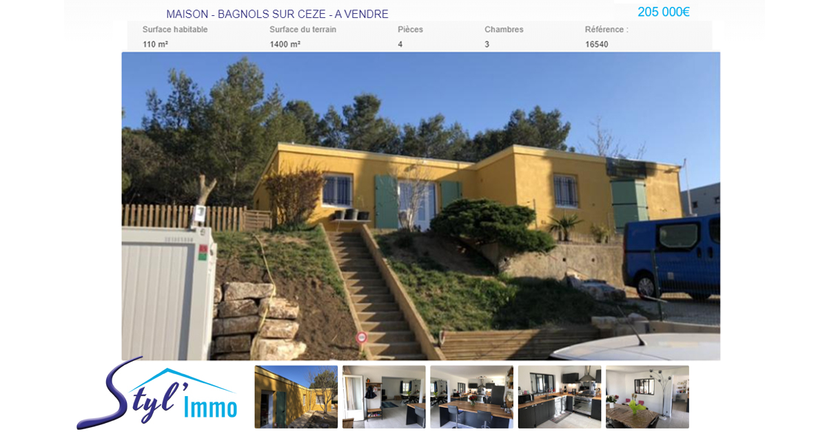 StylImmo1's tweet photo. Le réseau Styl'Immo présente le bien sélectionné de la semaine

A vendre à #BagnolssurCèze dans le département du #Gard cette maison, voir l'annonce: https://t.co/E47z7w2XUE

L'équipe Styl'Immo vous souhaite une bonne fin de semaine
#StylImmo #Immobilier #VentesImmobilières https://t.co/ncGDU3K9OD