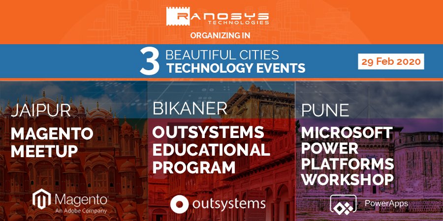 ranosys's tweet photo. 3 Technology Events, 3 Beautiful Cities, 1 Day!
@ranosys is all set to create history tomorrow! Join us for Magento Meetup in #Jaipur, OutSystems Education Program in #Bikaner & Microsoft Power Platforms Workshop in #Pune.
#Magento #Microsoft #OutSystemsPartner #MagentoPartner https://t.co/bbKWHQB2wt