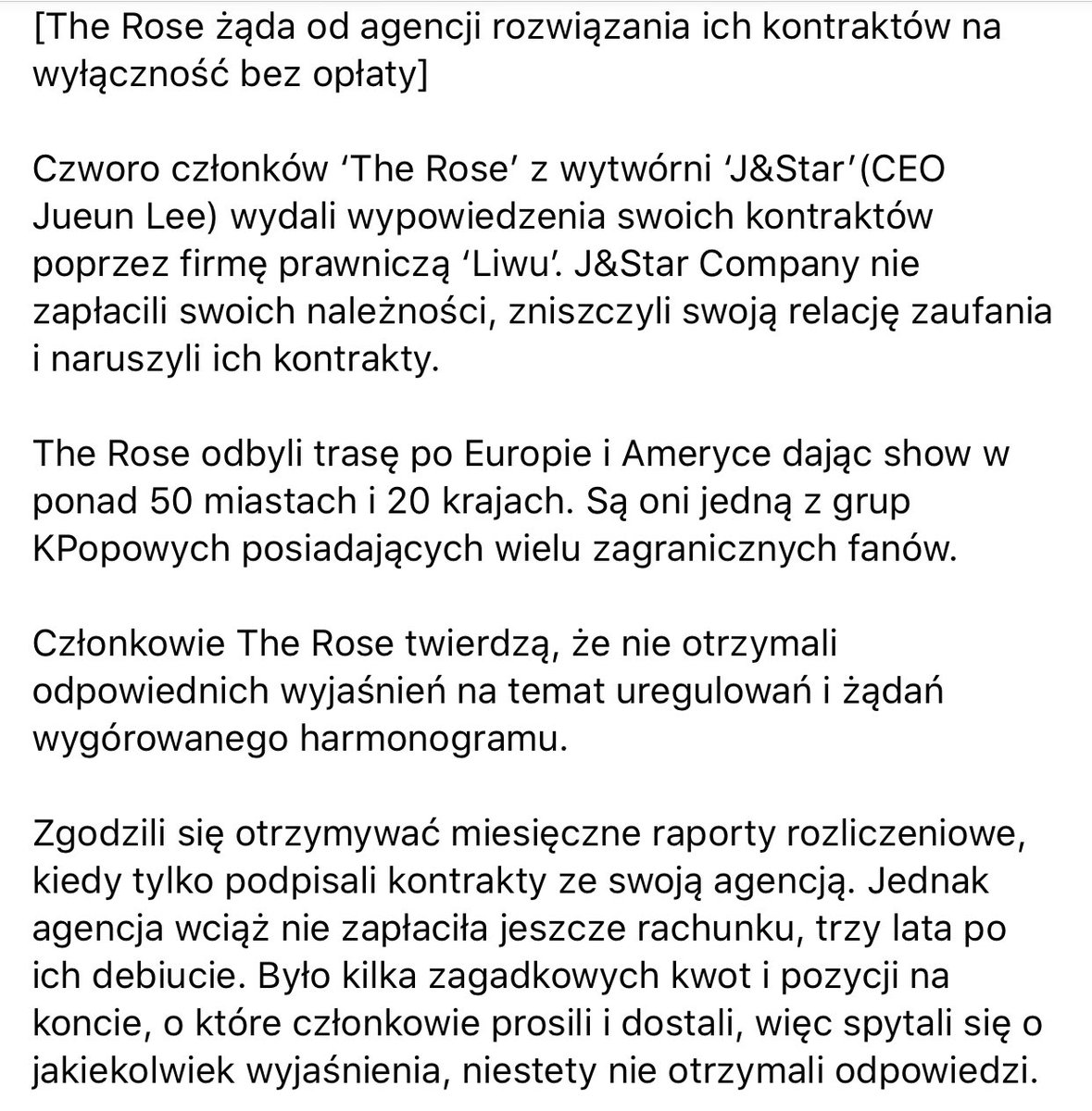 TheRosePoland's tweet photo. ❗️❕❗️Członkowie The Rose na swoich profilach społecznościowych umieścili screeny do artykułów, z których dowiadujemy się, o fakcie iż podjęci kroki prawne przeciwko swojej wytwórni, która nie wypłacała im należycie wynagrodzeń. 

#WeStandWithTheRose
#JusticeForTheRose https://t.co/QdIGYsqQuQ