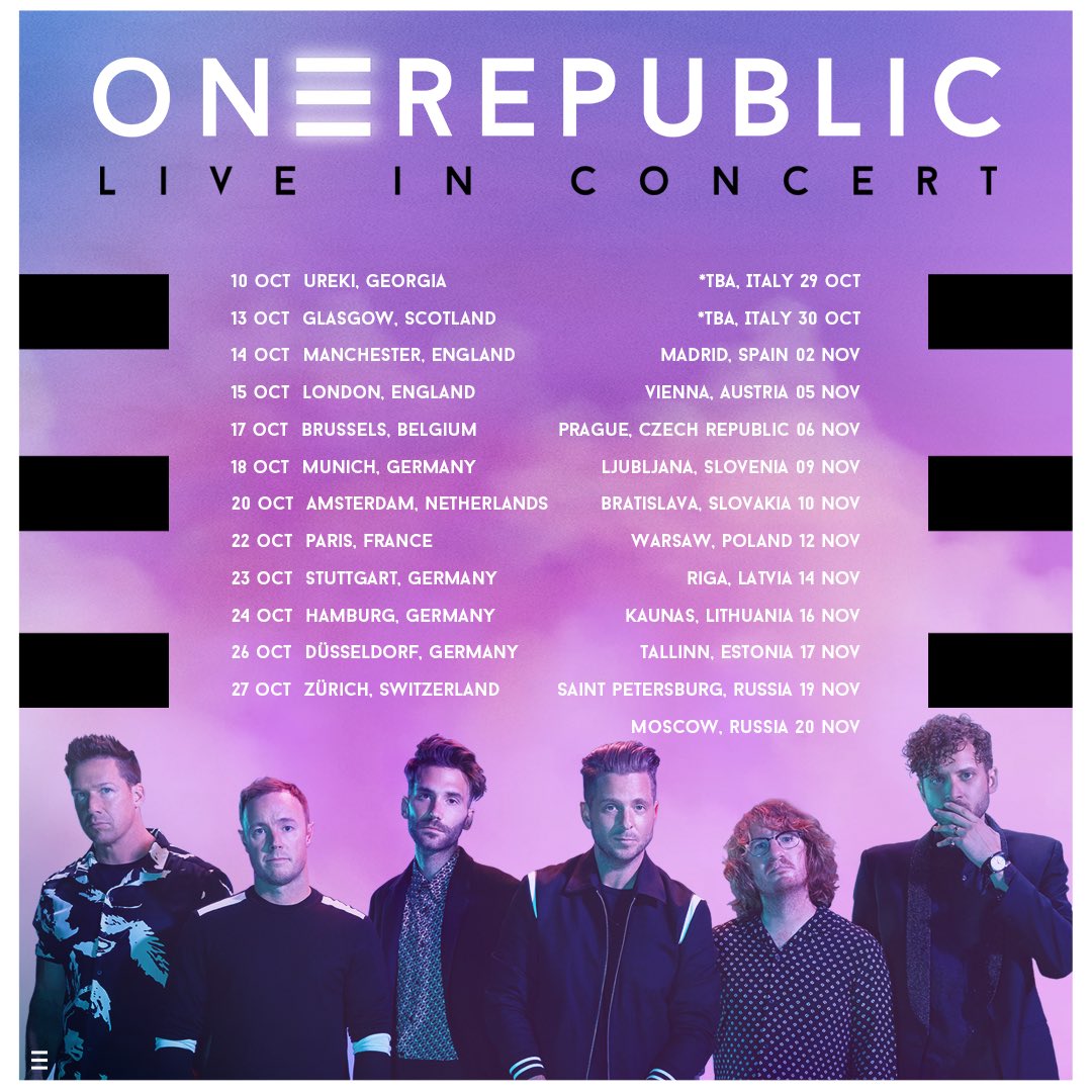 OneRepublic's tweet photo. OneRepublic Live in Concert Europe 2020! Tickets go on sale Friday 6th March at 9am GMT / 10am CET at https://t.co/MEbXbJJayQ https://t.co/XLzCeHtLwT