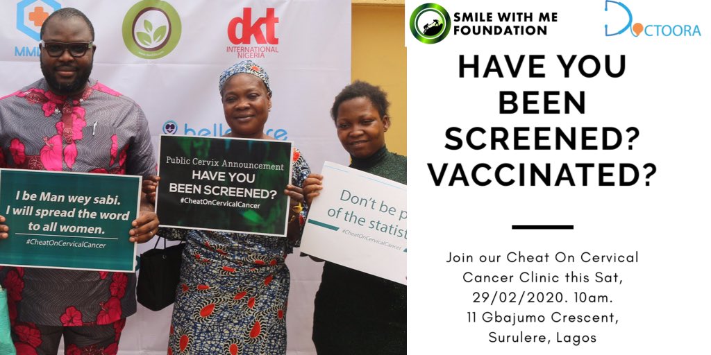 DrZobo's tweet image. FOR EVERY WOMAN IN LAGOS!
@SMILEWithmeNGO in partnership with @DoctooraHealth is running another #CheatOnCervicalCancer Clinic tomorrow.
Free Health education and consultation 
10am-2pm (See venue on flier).

Screening (just 1k) and vaccination available!
Let’s meet up! 
RT👇🏽