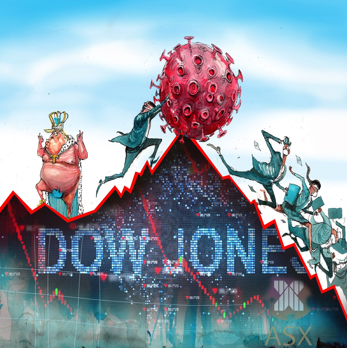 Giant Virus blob trashes US stock markets while little orange naked emperor shouts at clouds