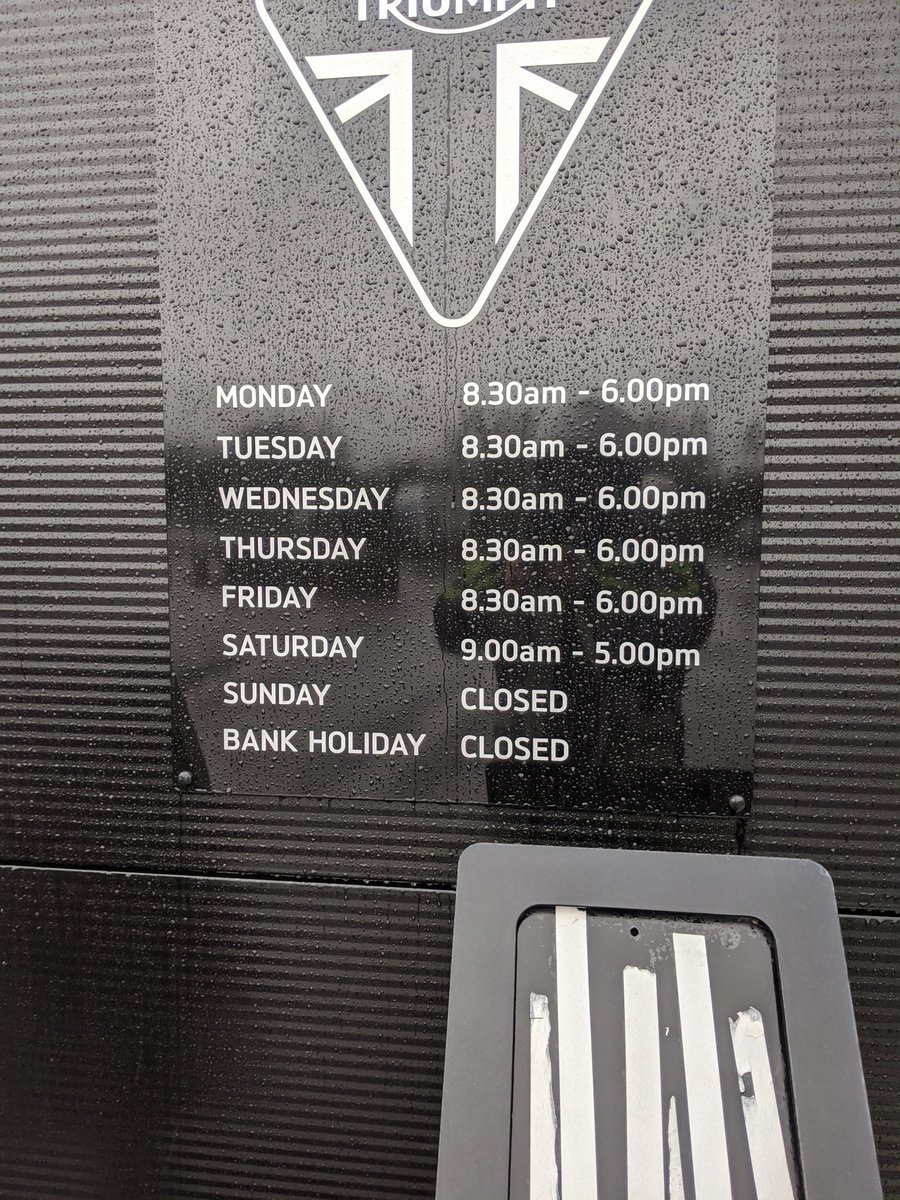 PorterDodsonBD's tweet photo. Guess who didn't check the opening times before bringing his bike for its MOT? 30 mins early for  @totaltriumphuk https://t.co/7iU0nFmUz4