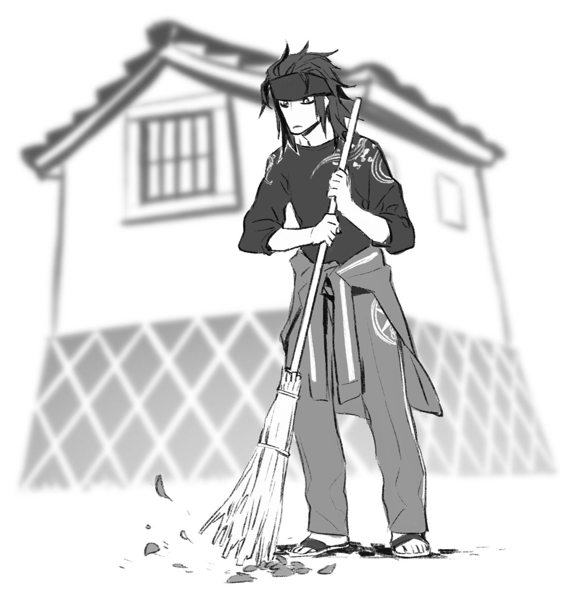 greyscale monochrome solo broom 1boy clothes around waist male focus  illustration images