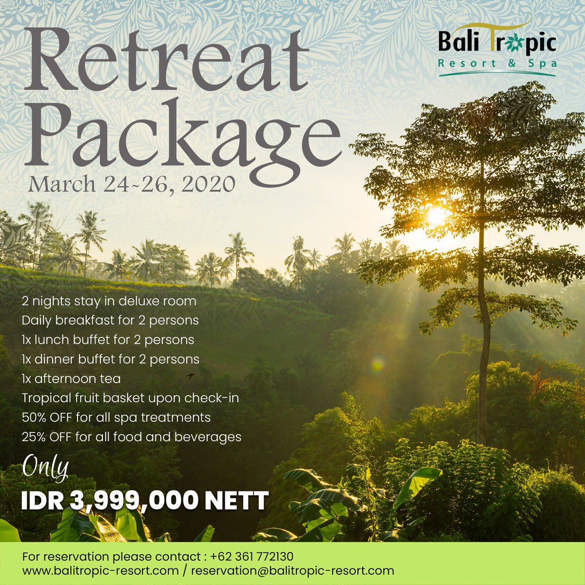 BaliTropicResor's tweet photo. .
Retreat Package 
March 24 - 26, 2020
.
https://t.co/WYmj6pDE5m https://t.co/umIcsCgweP
