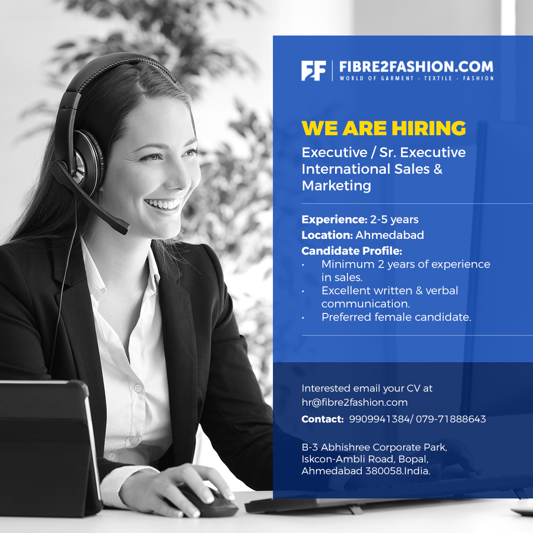 F2FJobs's tweet photo. Fibre2Fashion Pvt. Ltd. is hiring for International Sales &amp; Marketing. 
Please share your updated CV on hr@fibre2fashion.com or contact on 9909941384 / 079-71888643.

#textiles #apparel #garment #Recruitment #Jobs  #internationalsales #businessdevelopment https://t.co/Npfc0Kjbuy